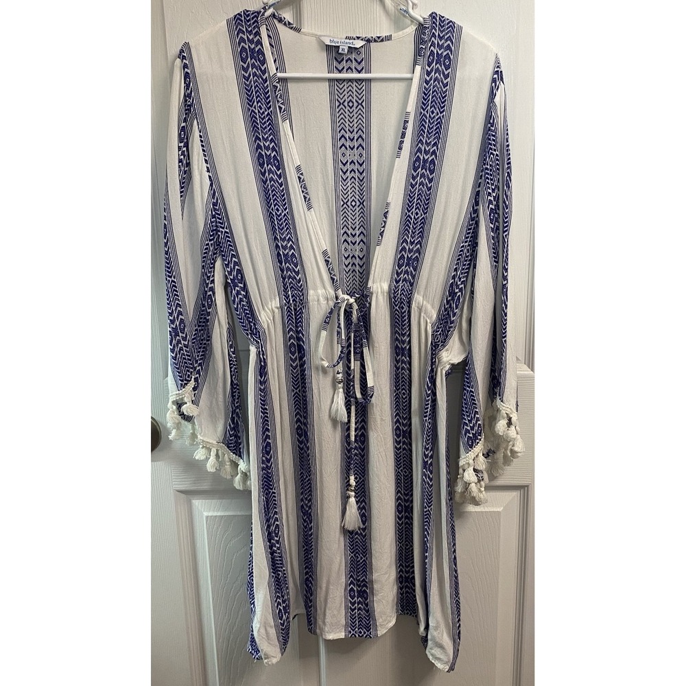 Blue Island Boho Women's Swimsuit Cover-Up Blue&White Gauzy Beach Pool XL